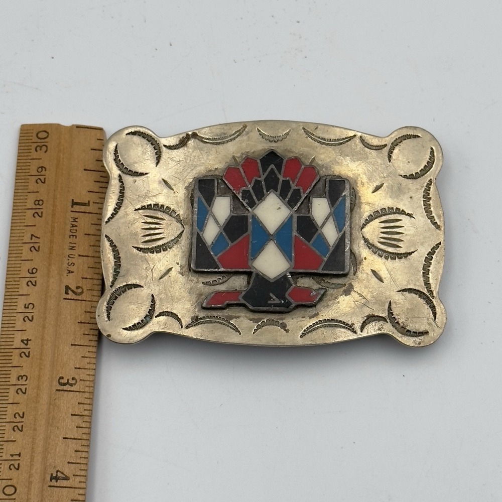 Vintage Nickel Silver Stone Inlaid Thunderbird Belt Buckle Frontier Southwestern - Picture 6 of 6